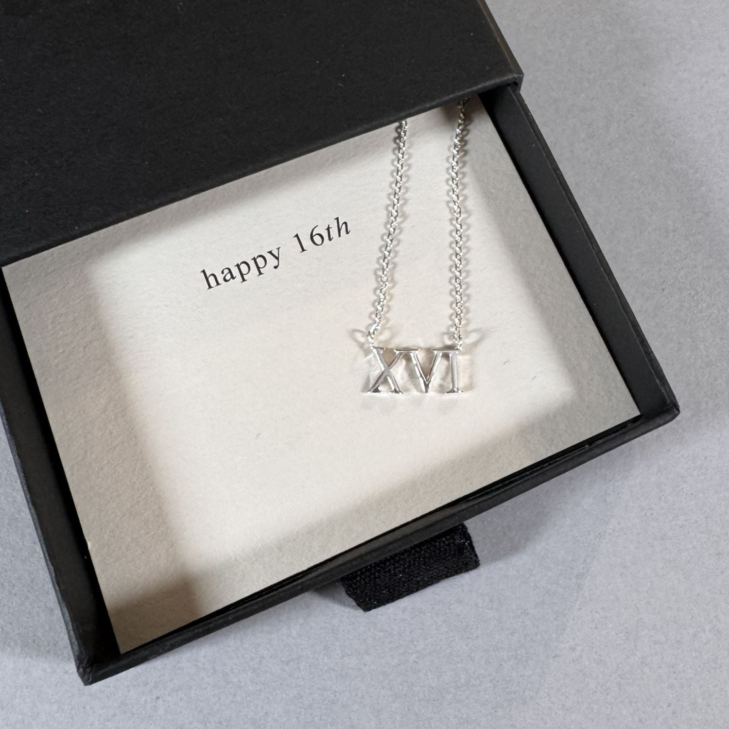 16th Birthday Roman Numeral Necklace in a By Wue gift box with message card