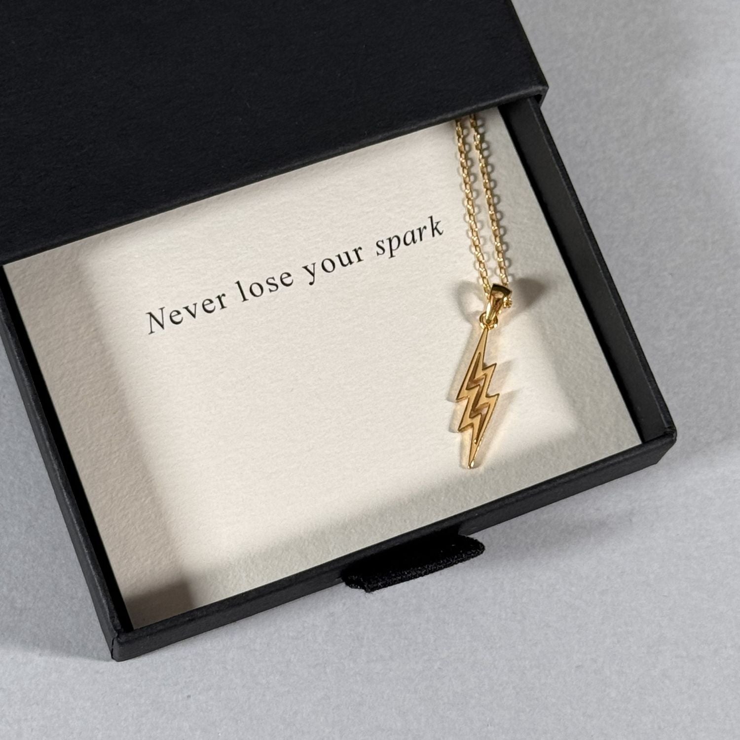 Gold Lightning Bolt Necklace in a By Wue gift box with message card