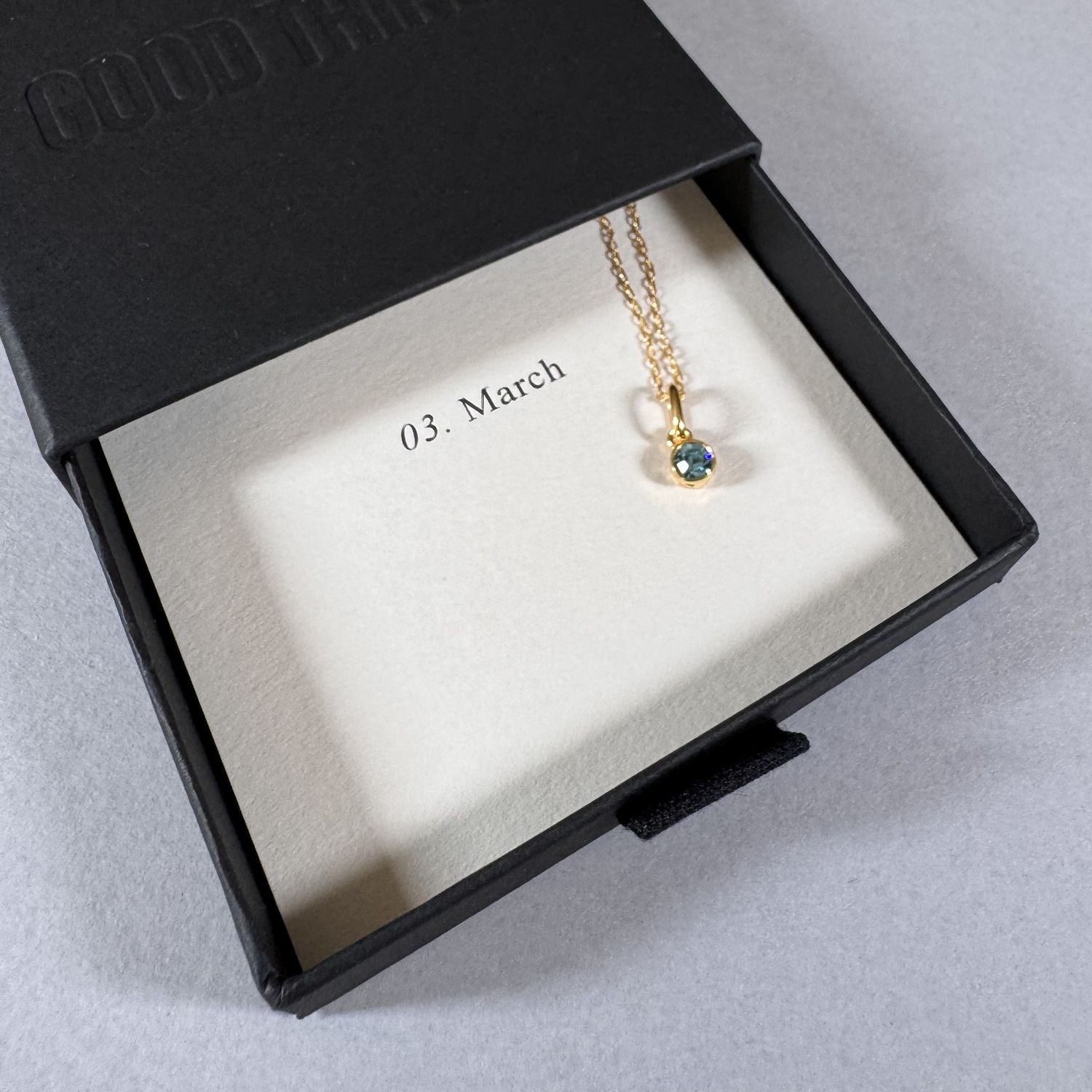 March birthstone necklace in a By Wue gift box with month card