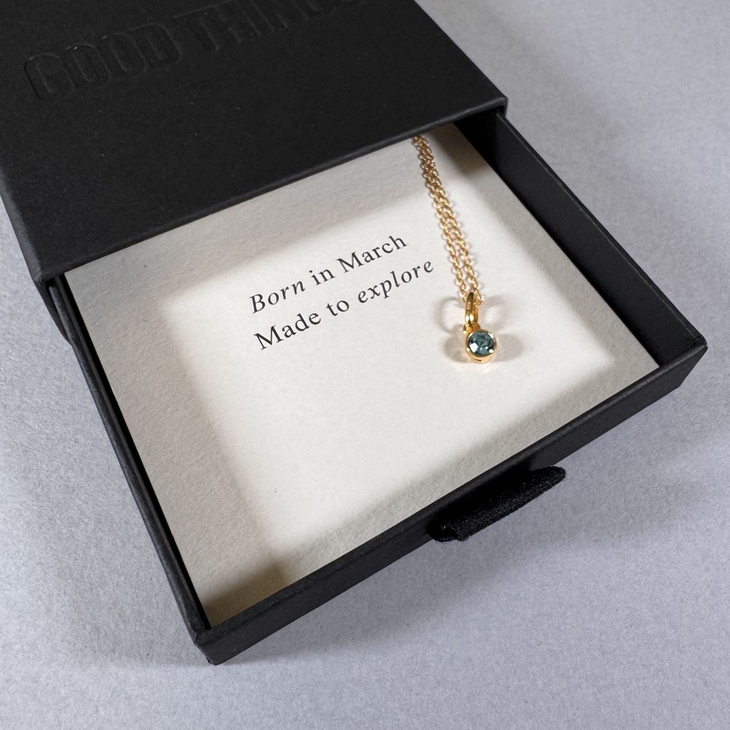 March birthstone necklace in a By Wue gift box with message card