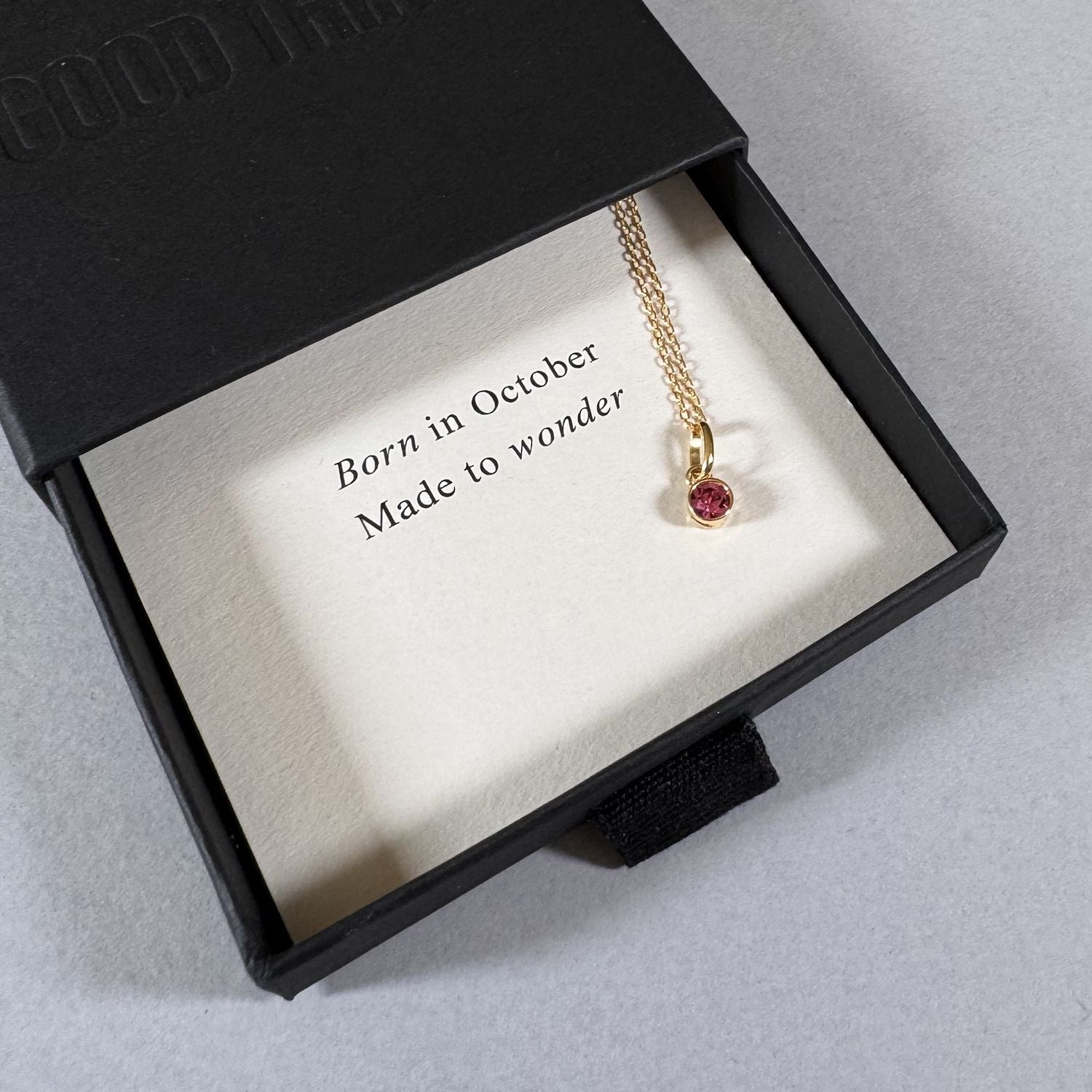 October birthstone necklace in a By Wue gift box with message card