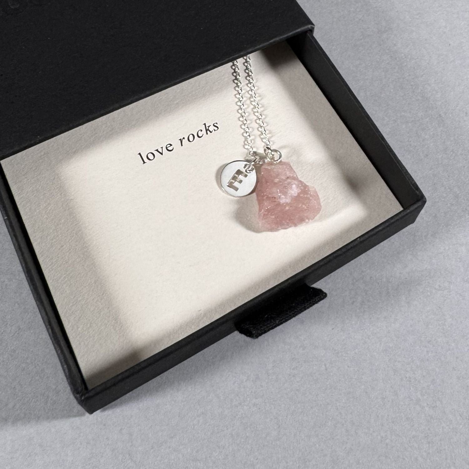 Initial Necklace with Rose Quartz in a By Wue gift box