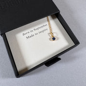 September birthstone necklace in a By Wue gift box with message card