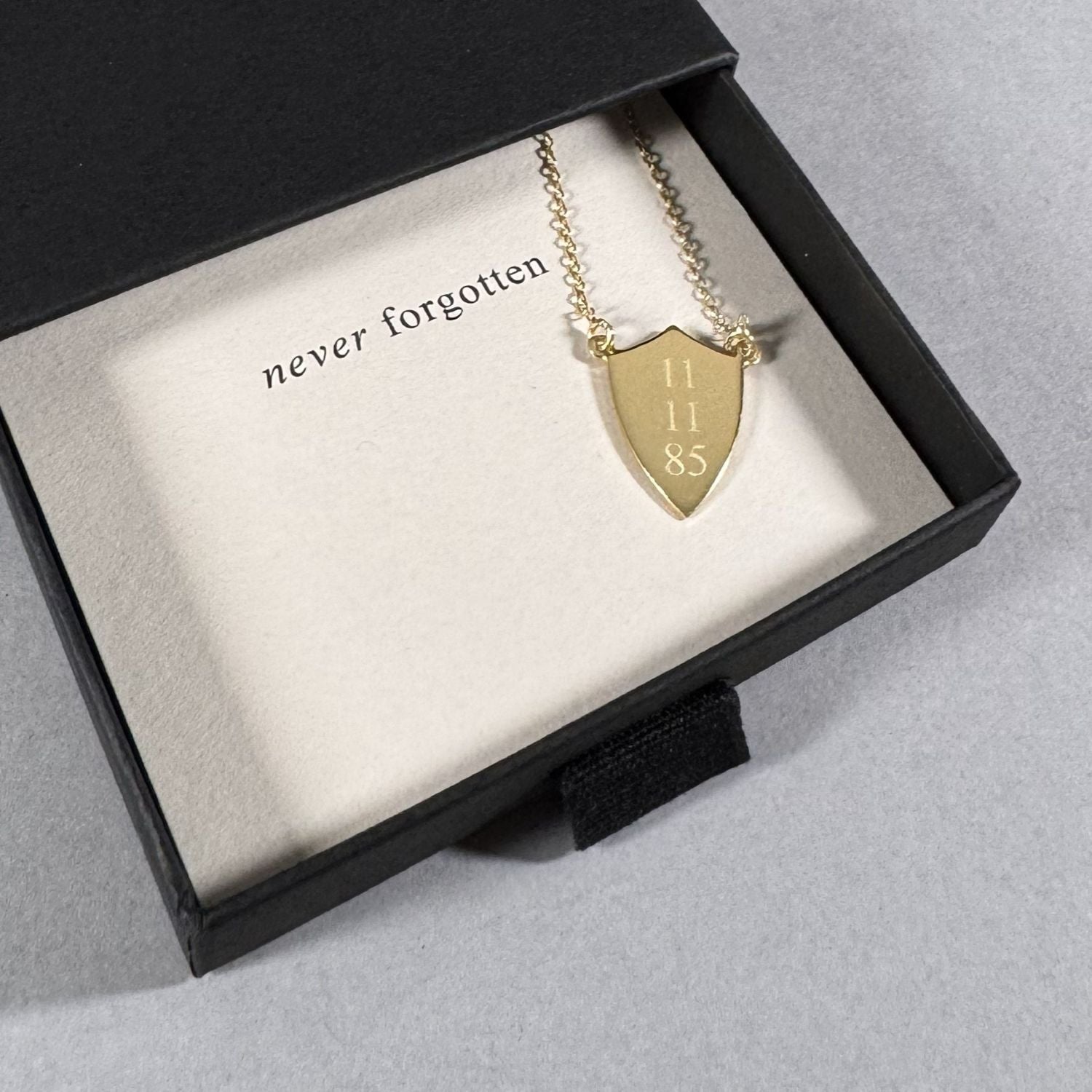 Date Shield Necklace in a By Wue gift box