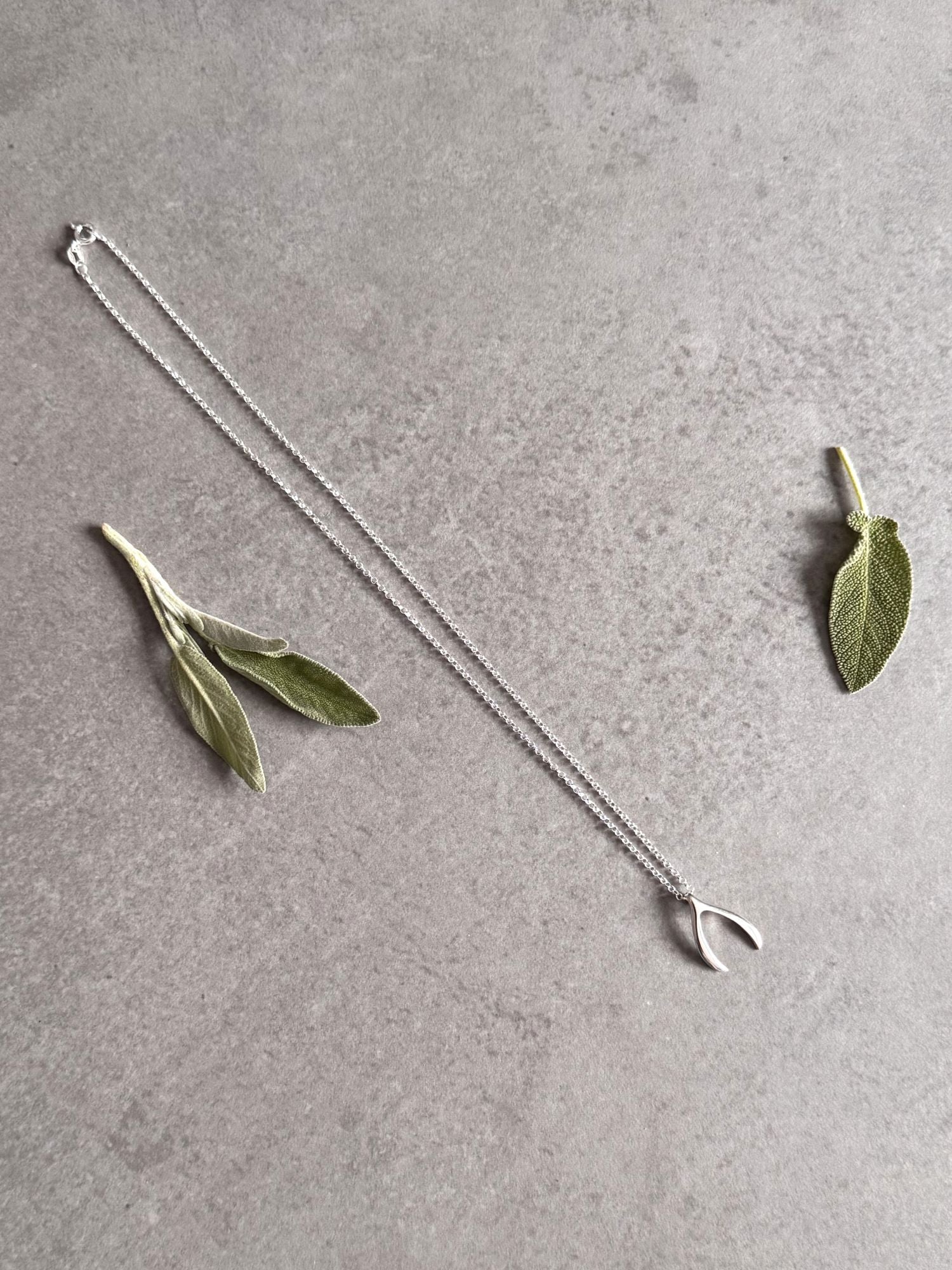 Sterling silver wishbone pendant necklace on a grey stone surface, styled with sage leaves.